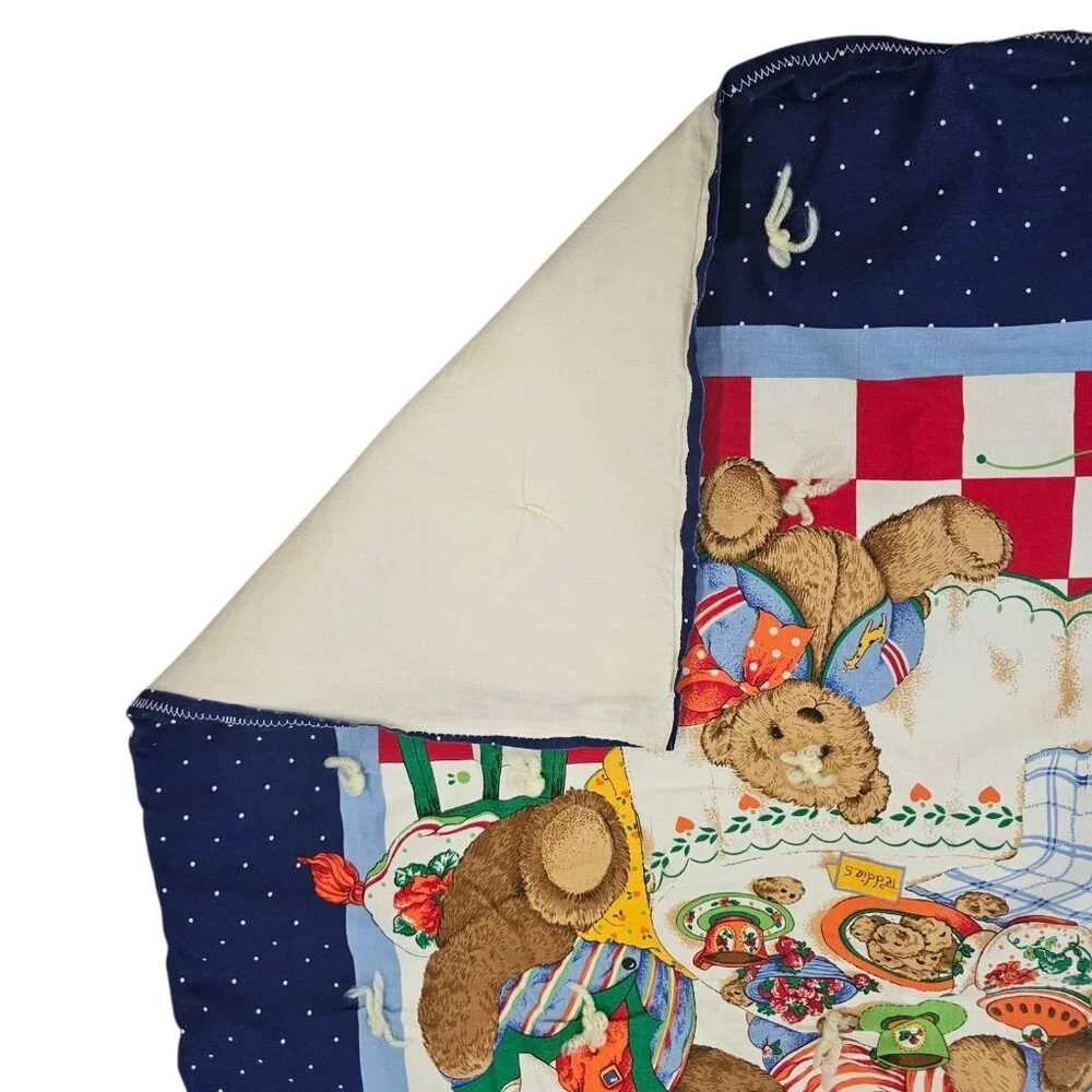 VTG 90s Teddy Bear Baby Quilt Blanket‎ Family Tea Party Blue